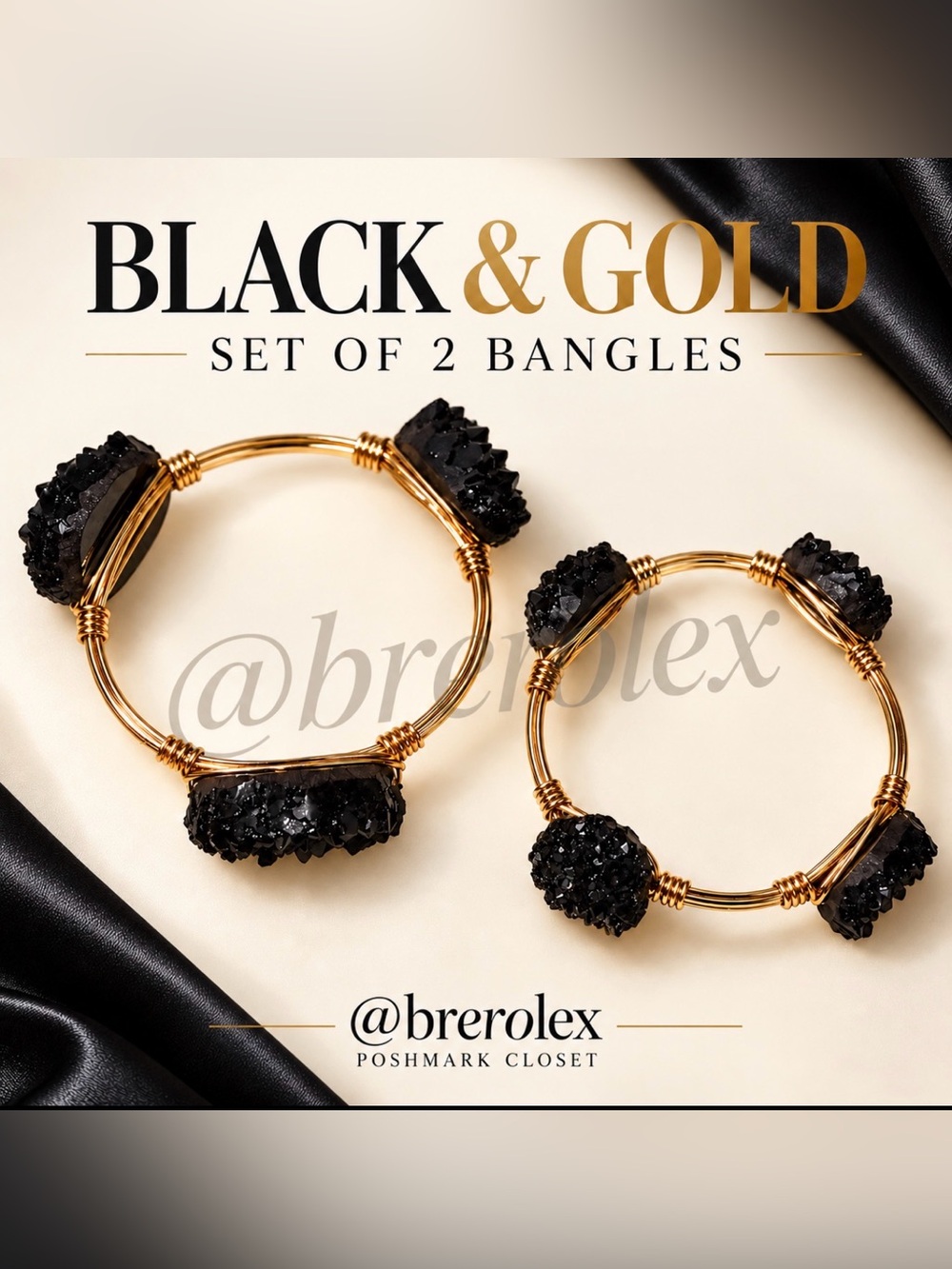 SUGAR Black Faux Druzy-Look Gold-Tone Bangle Bracelet Set of 2 Boho Wire-Wrapped